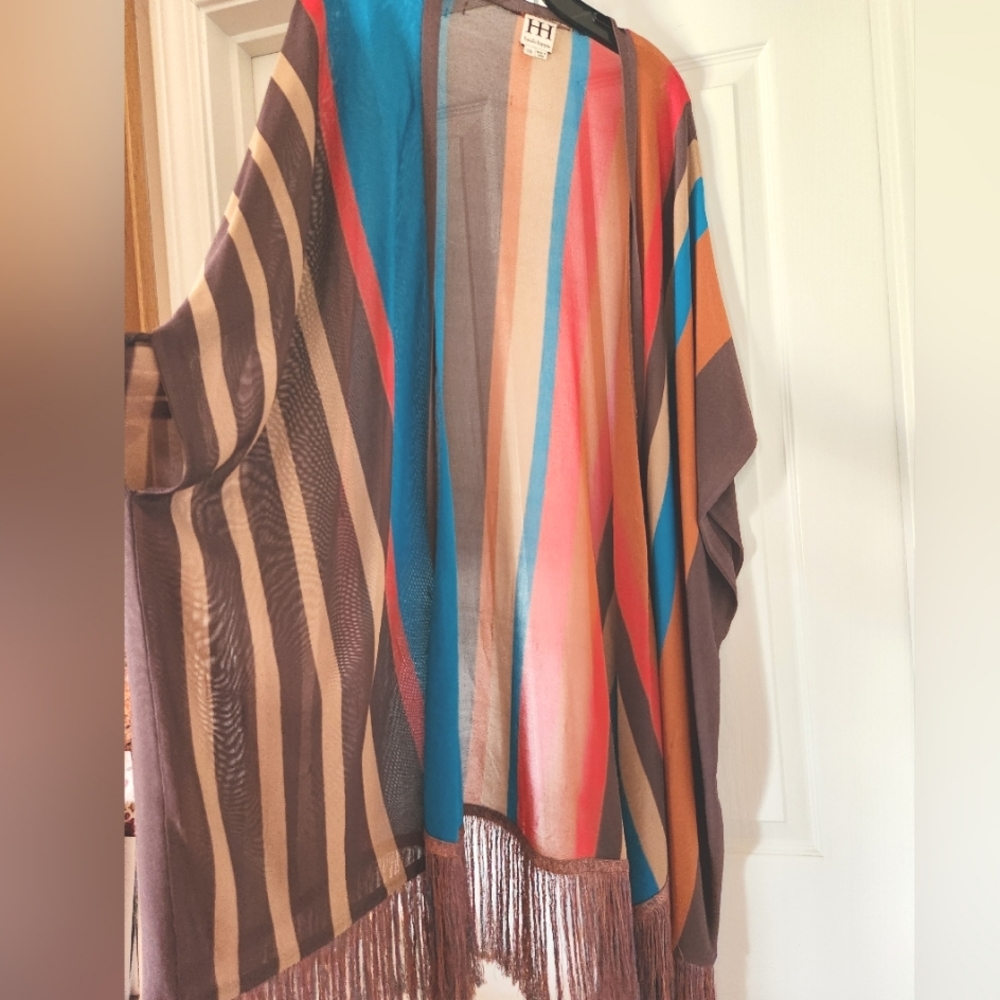 HAUTE HIPPIE Desert Stripes Western Turq Coral Midi Fringe Tunic Kimono Vest OS - Picture 13 of 16